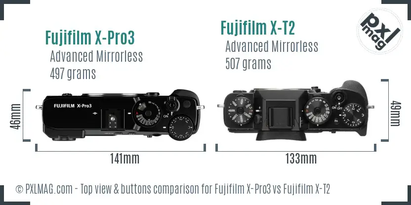 Fujifilm X-Pro3 vs Fujifilm X-T2 top view buttons comparison