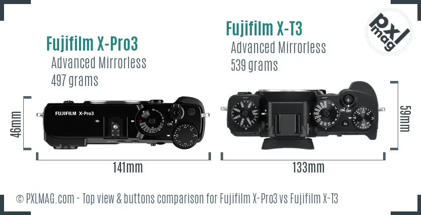 Fujifilm X-Pro3 vs Fujifilm X-T3 top view buttons comparison