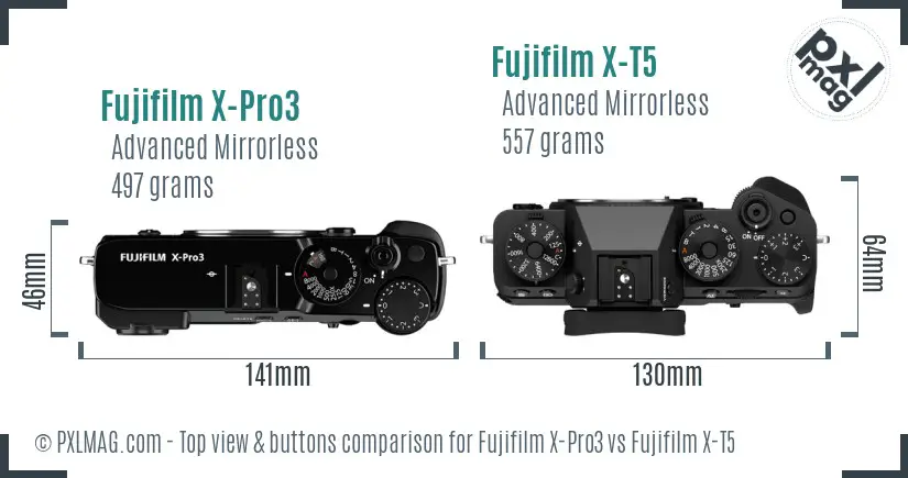 Fujifilm X-Pro3 vs Fujifilm X-T5 top view buttons comparison