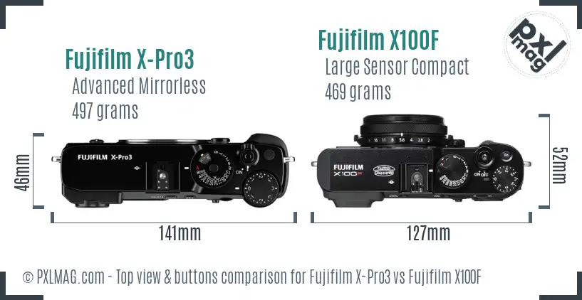 Fujifilm X-Pro3 vs Fujifilm X100F top view buttons comparison Fujifilm X-Pro3 vs Fujifilm X100F top view buttons comparison