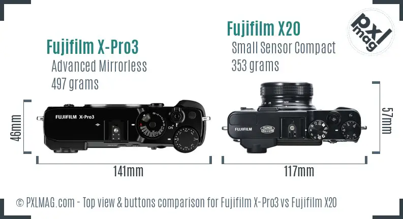 Fujifilm X-Pro3 vs Fujifilm X20 top view buttons comparison