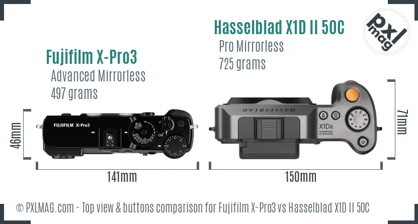 Fujifilm X-Pro3 vs Hasselblad X1D II 50C top view buttons comparison