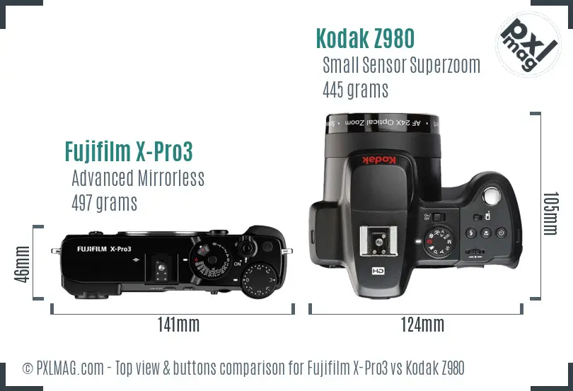 Fujifilm X-Pro3 vs Kodak Z980 top view buttons comparison