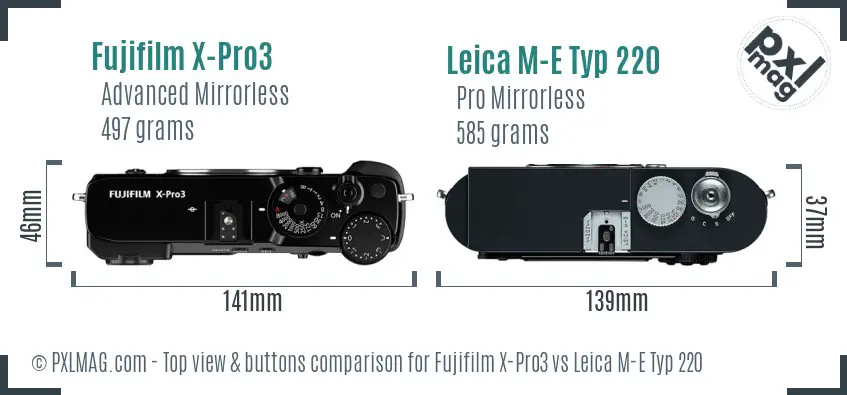 Fujifilm X-Pro3 vs Leica M-E Typ 220 top view buttons comparison Fujifilm X-Pro3 vs Leica M-E Typ 220 top view buttons comparison