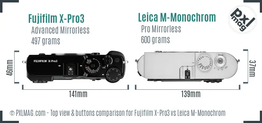 Fujifilm X-Pro3 vs Leica M-Monochrom top view buttons comparison Fujifilm X-Pro3 vs Leica M-Monochrom top view buttons comparison