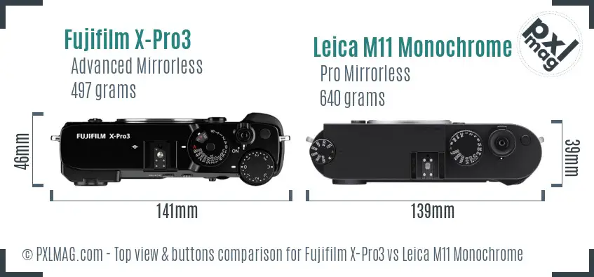 Fujifilm X-Pro3 vs Leica M11 Monochrome top view buttons comparison