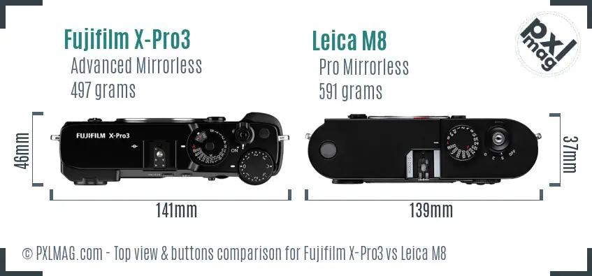 Fujifilm X-Pro3 vs Leica M8 top view buttons comparison