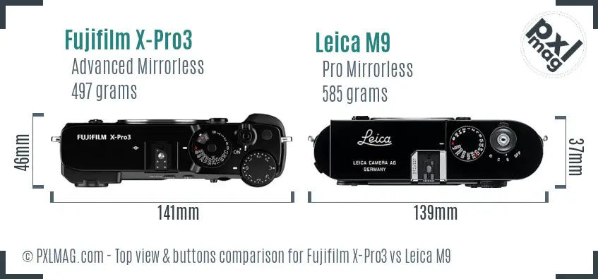 Fujifilm X-Pro3 vs Leica M9 top view buttons comparison
