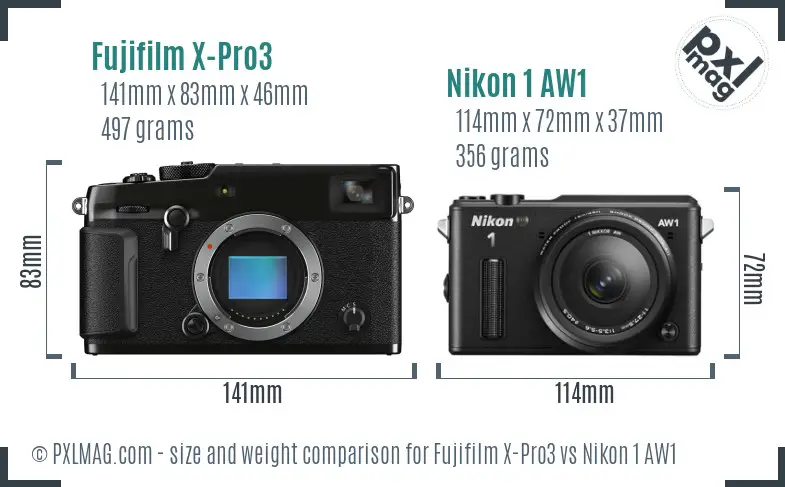 Fujifilm X-Pro3 vs Nikon 1 AW1 size comparison