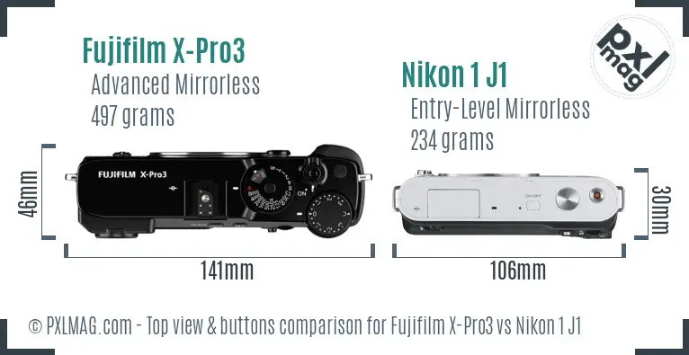 Fujifilm X-Pro3 vs Nikon 1 J1 top view buttons comparison