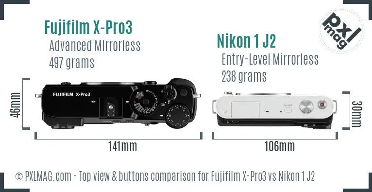 Fujifilm X-Pro3 vs Nikon 1 J2 top view buttons comparison