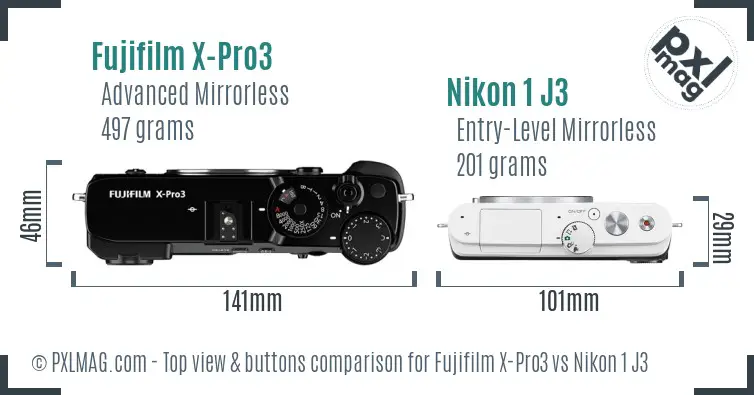 Fujifilm X-Pro3 vs Nikon 1 J3 top view buttons comparison
