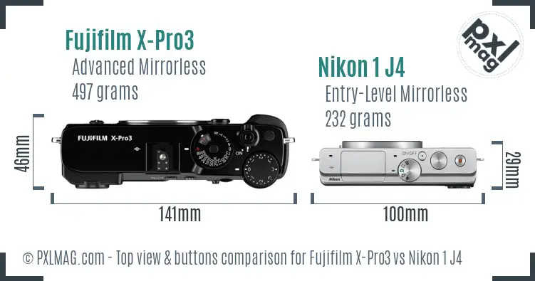 Fujifilm X-Pro3 vs Nikon 1 J4 top view buttons comparison