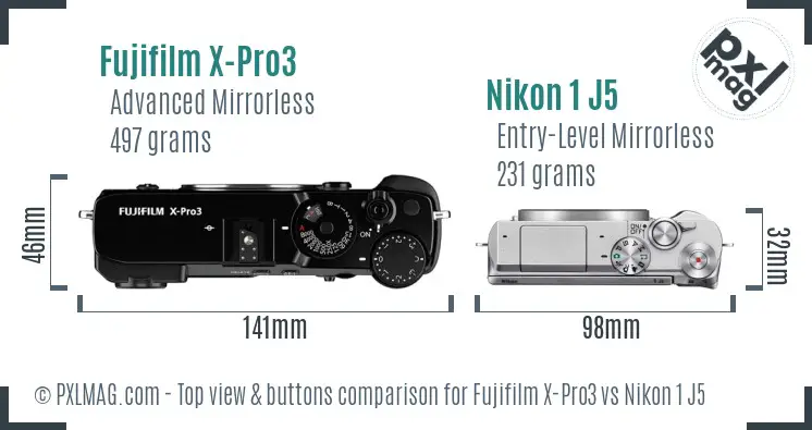 Fujifilm X-Pro3 vs Nikon 1 J5 top view buttons comparison