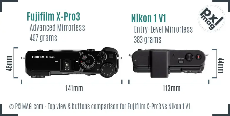 Fujifilm X-Pro3 vs Nikon 1 V1 top view buttons comparison