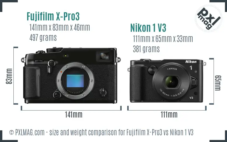 Fujifilm X-Pro3 vs Nikon 1 V3 size comparison