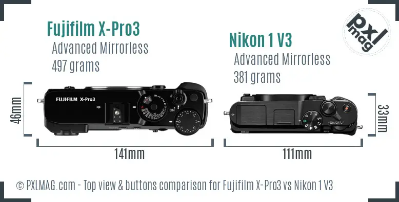 Fujifilm X-Pro3 vs Nikon 1 V3 top view buttons comparison