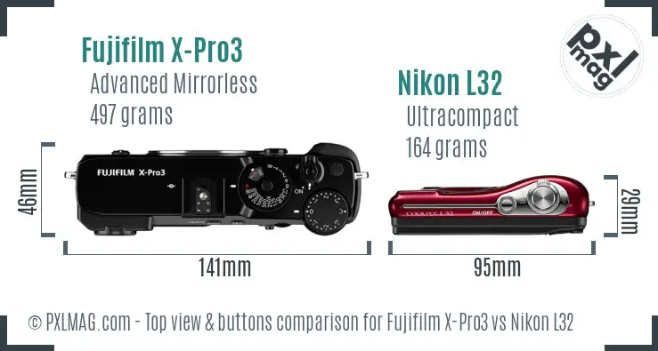 Fujifilm X-Pro3 vs Nikon L32 top view buttons comparison