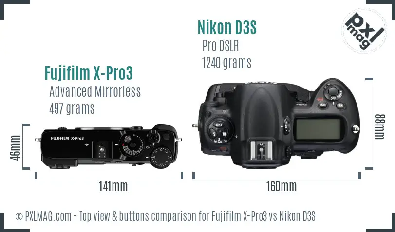 Fujifilm X-Pro3 vs Nikon D3S top view buttons comparison