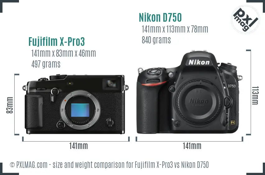 Fujifilm X-Pro3 vs Nikon D750 size comparison
