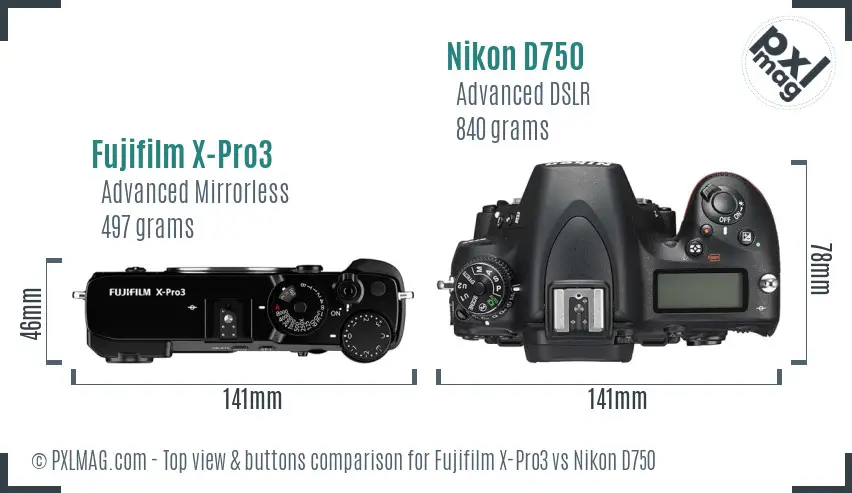 Fujifilm X-Pro3 vs Nikon D750 top view buttons comparison