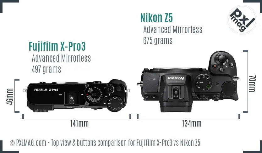 Fujifilm X-Pro3 vs Nikon Z5 top view buttons comparison
