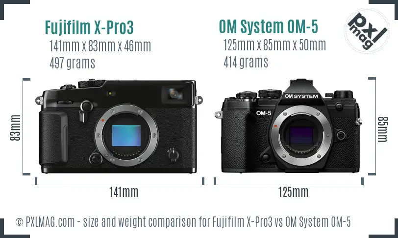 Fujifilm X-Pro3 vs OM System OM-5 size comparison