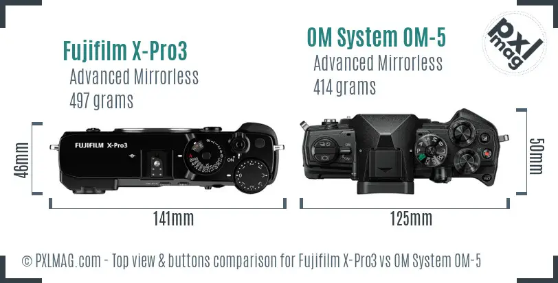 Fujifilm X-Pro3 vs OM System OM-5 top view buttons comparison