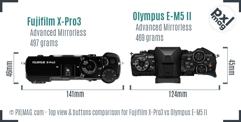 Fujifilm X-Pro3 vs Olympus E-M5 II top view buttons comparison