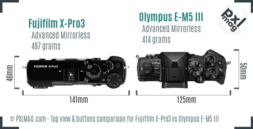 Fujifilm X-Pro3 vs Olympus E-M5 III top view buttons comparison