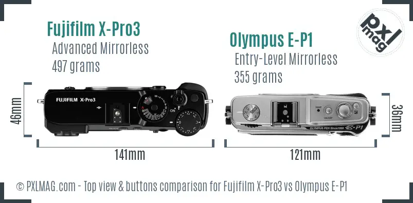 Fujifilm X-Pro3 vs Olympus E-P1 top view buttons comparison