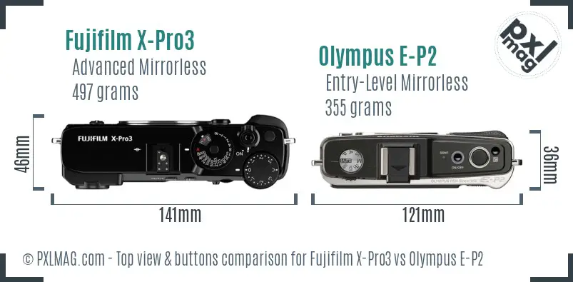 Fujifilm X-Pro3 vs Olympus E-P2 top view buttons comparison