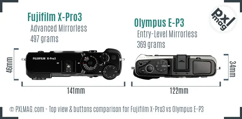 Fujifilm X-Pro3 vs Olympus E-P3 top view buttons comparison Fujifilm X-Pro3 vs Olympus E-P3 top view buttons comparison