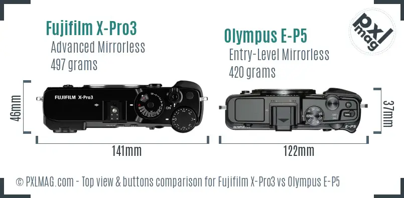 Fujifilm X-Pro3 vs Olympus E-P5 top view buttons comparison