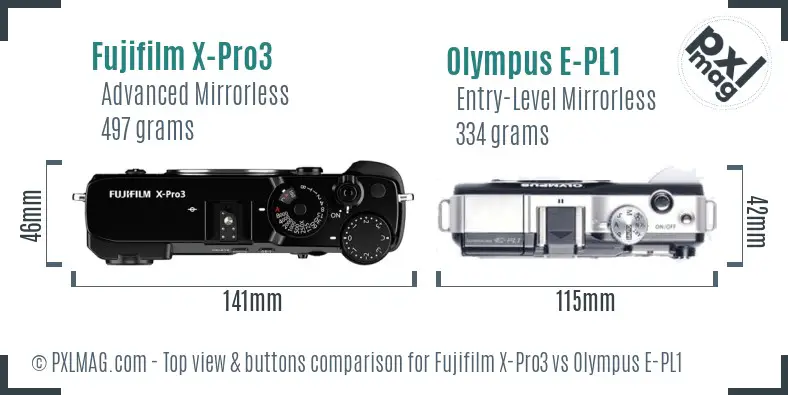 Fujifilm X-Pro3 vs Olympus E-PL1 top view buttons comparison
