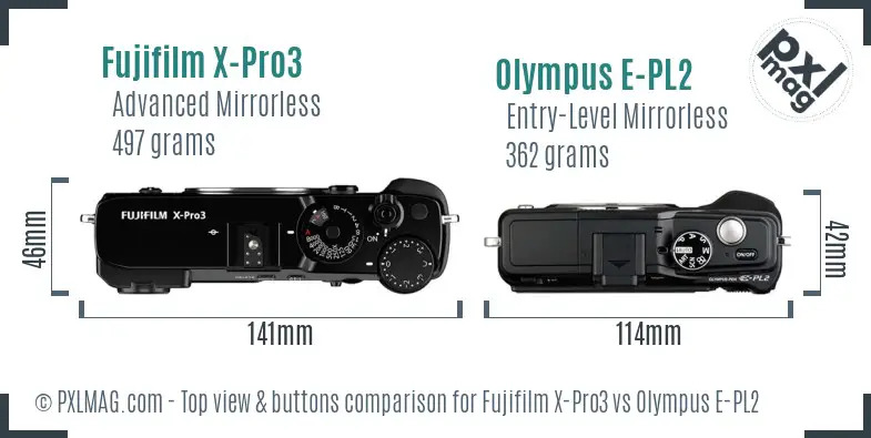 Fujifilm X-Pro3 vs Olympus E-PL2 top view buttons comparison
