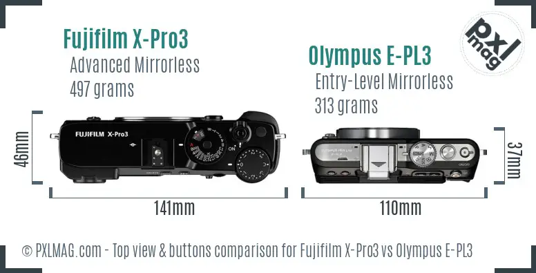 Fujifilm X-Pro3 vs Olympus E-PL3 top view buttons comparison