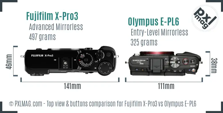 Fujifilm X-Pro3 vs Olympus E-PL6 top view buttons comparison