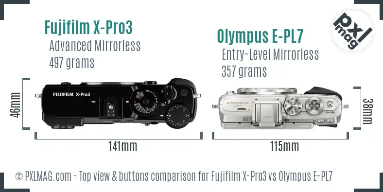Fujifilm X-Pro3 vs Olympus E-PL7 top view buttons comparison