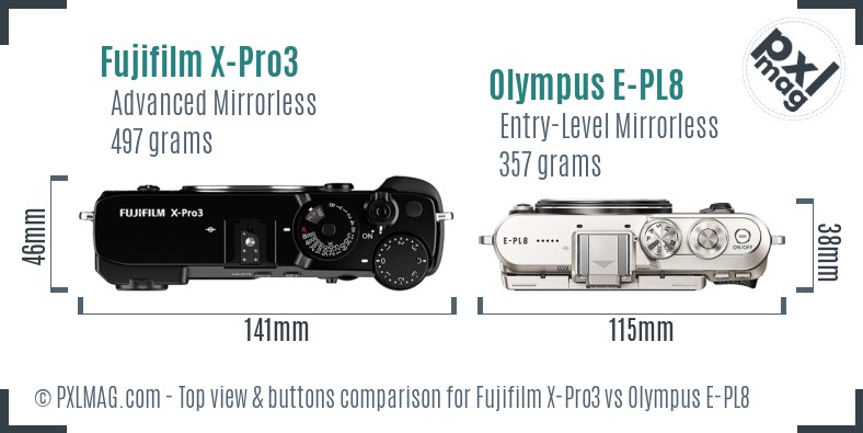 Fujifilm X-Pro3 vs Olympus E-PL8 top view buttons comparison