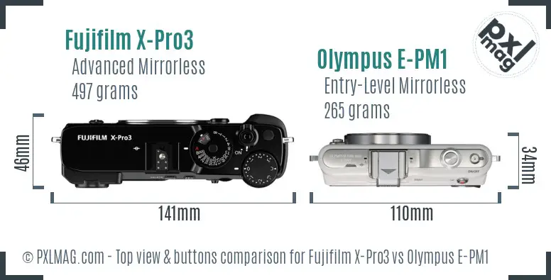 Fujifilm X-Pro3 vs Olympus E-PM1 top view buttons comparison