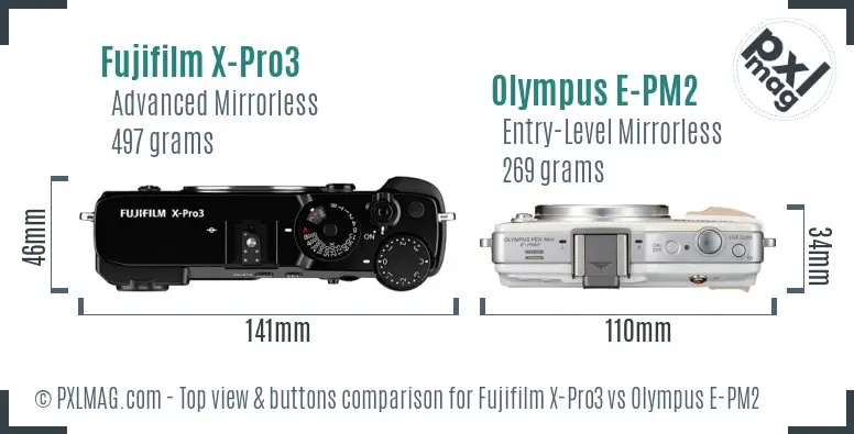 Fujifilm X-Pro3 vs Olympus E-PM2 top view buttons comparison