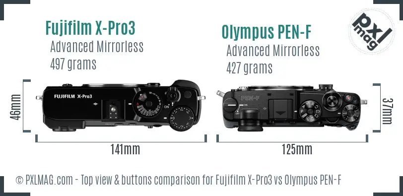 Fujifilm X-Pro3 vs Olympus PEN-F top view buttons comparison