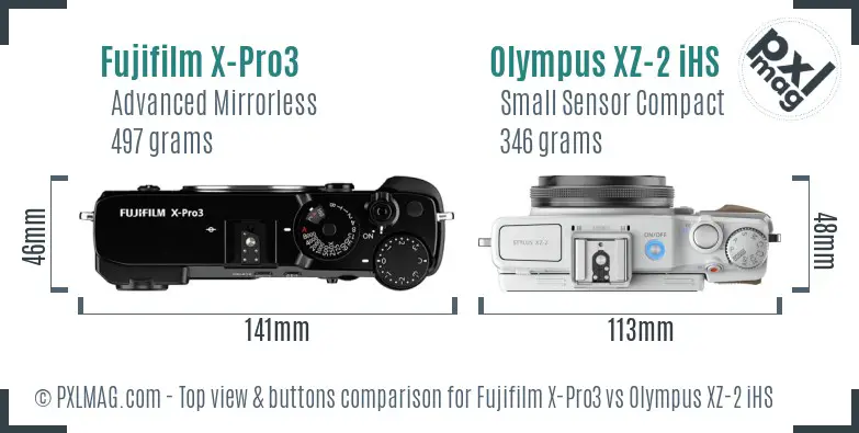 Fujifilm X-Pro3 vs Olympus XZ-2 iHS top view buttons comparison