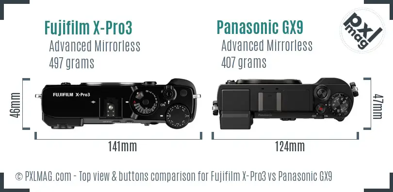 Fujifilm X-Pro3 vs Panasonic GX9 top view buttons comparison
