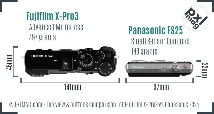 Fujifilm X-Pro3 vs Panasonic FS25 top view buttons comparison