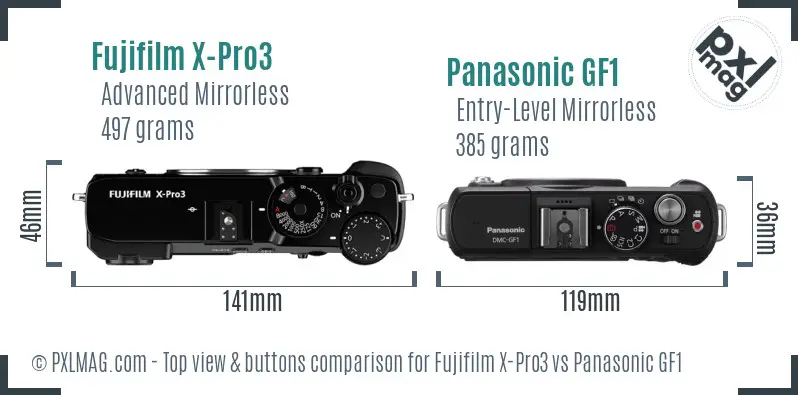 Fujifilm X-Pro3 vs Panasonic GF1 top view buttons comparison
