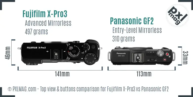 Fujifilm X-Pro3 vs Panasonic GF2 top view buttons comparison