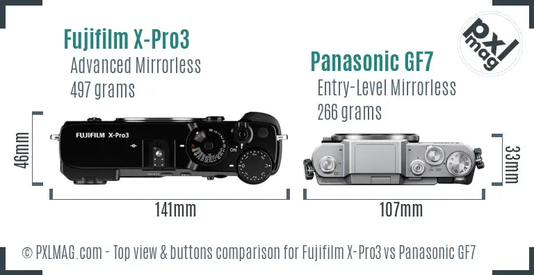 Fujifilm X-Pro3 vs Panasonic GF7 top view buttons comparison