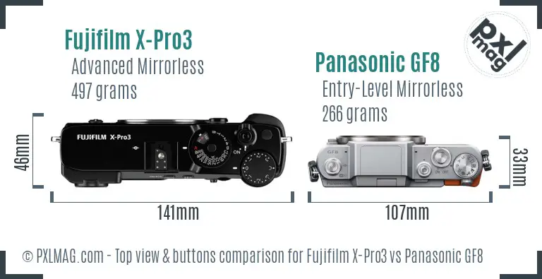 Fujifilm X-Pro3 vs Panasonic GF8 top view buttons comparison